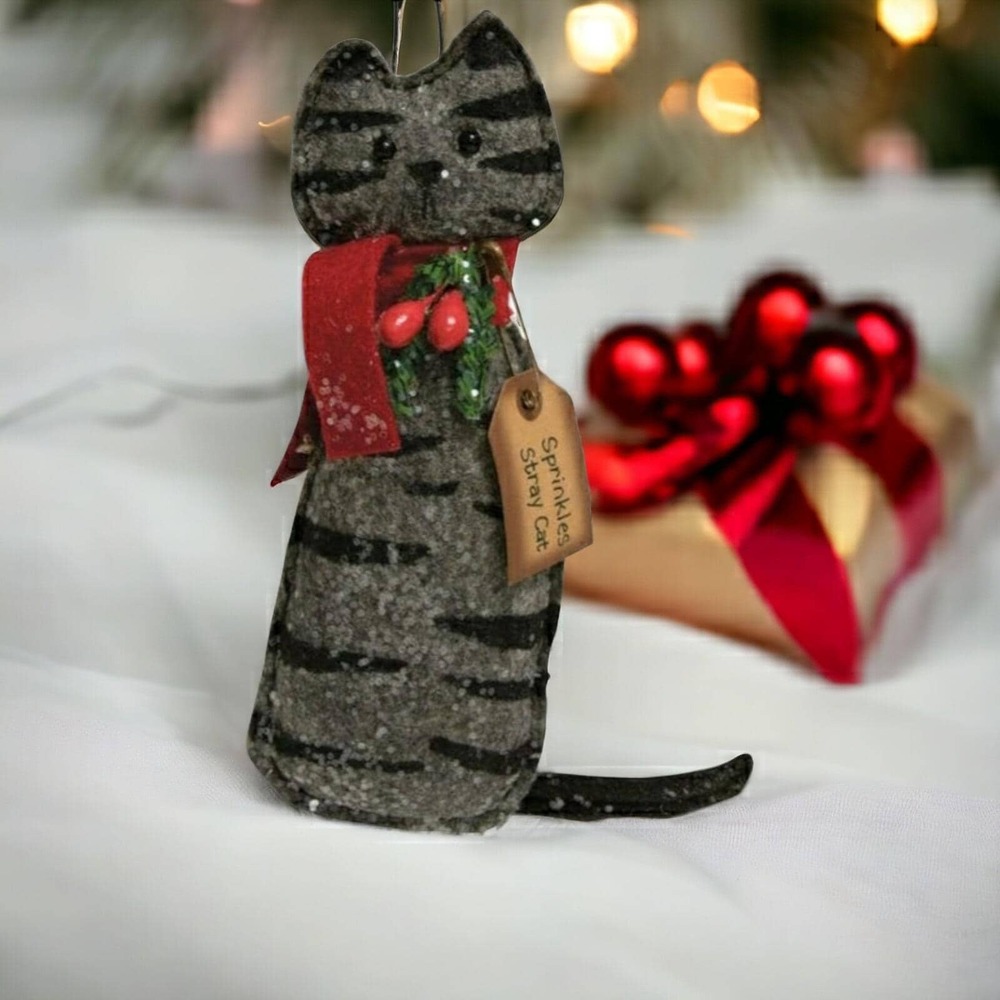 Primitive Grey Tabby Cat Christmas Ornament ~ Sprinkles the Stray Cat 5.5" NEW
